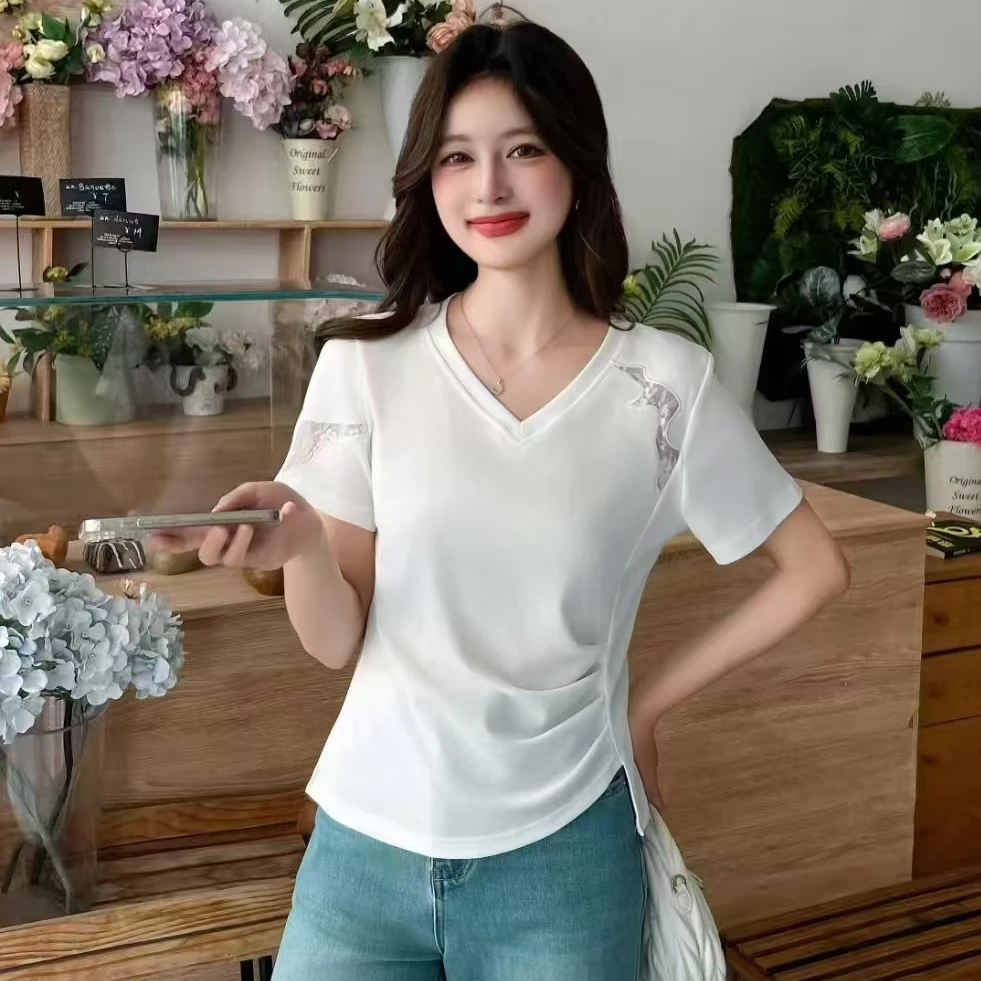 ＱＬ8989新款显瘦蕾丝刺绣短袖t恤女夏季新