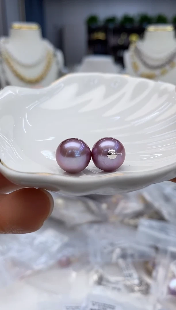 【闪购商品】淡水珍珠耳饰18K金镶嵌淡水耳钉12-13紫罗兰