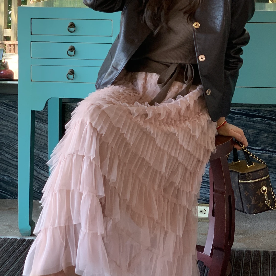 【唐小木】春秋气质显瘦半身裙长款蛋糕纱裙   X0552
