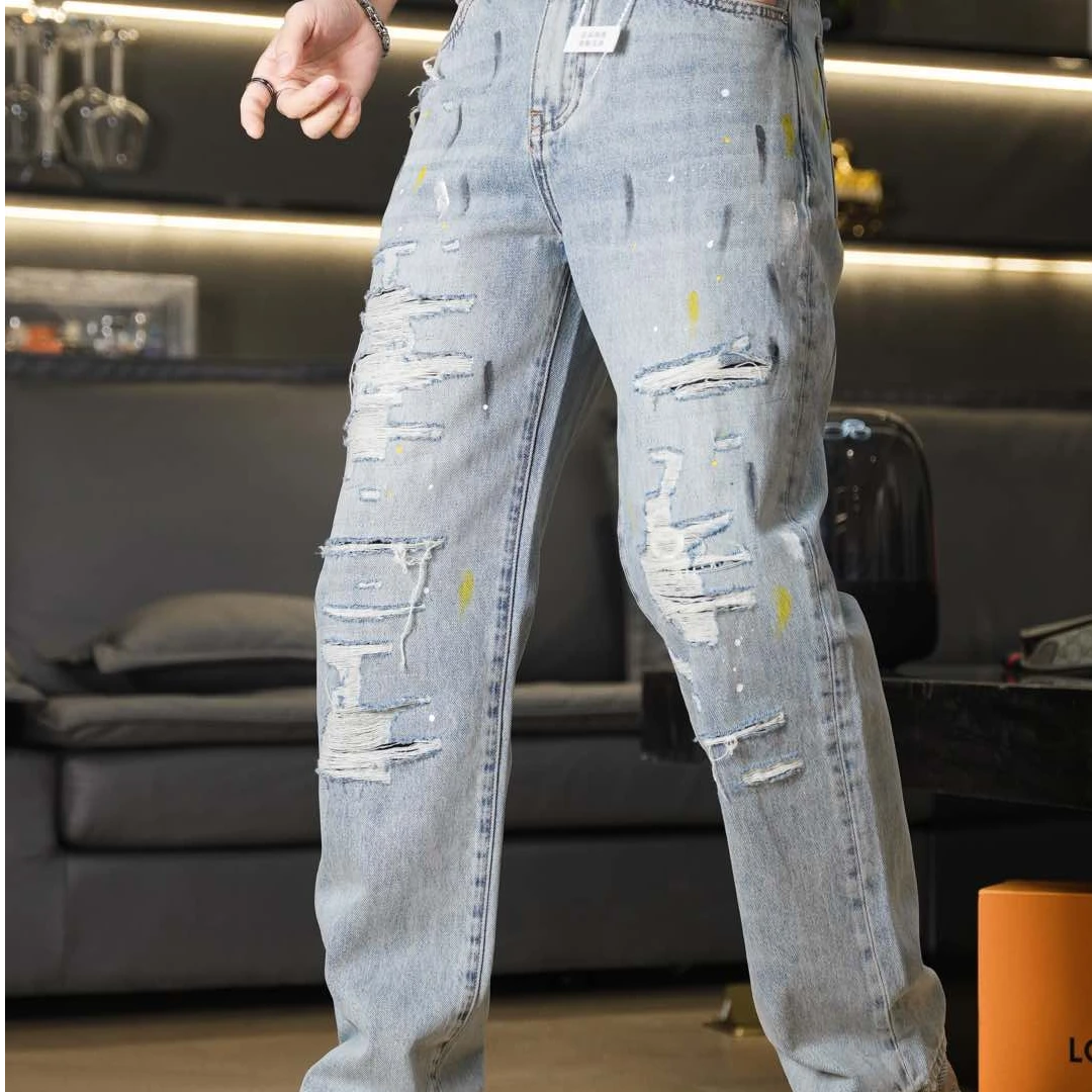 2025夏季新款个性时尚潮流百搭休闲彩绘磨破男士休闲牛仔裤裤子