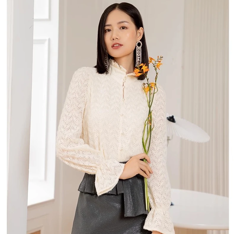 velwin蔚雯冬季新款通勤风米白立领时尚气质上衣衬衫女LGCC49XB13