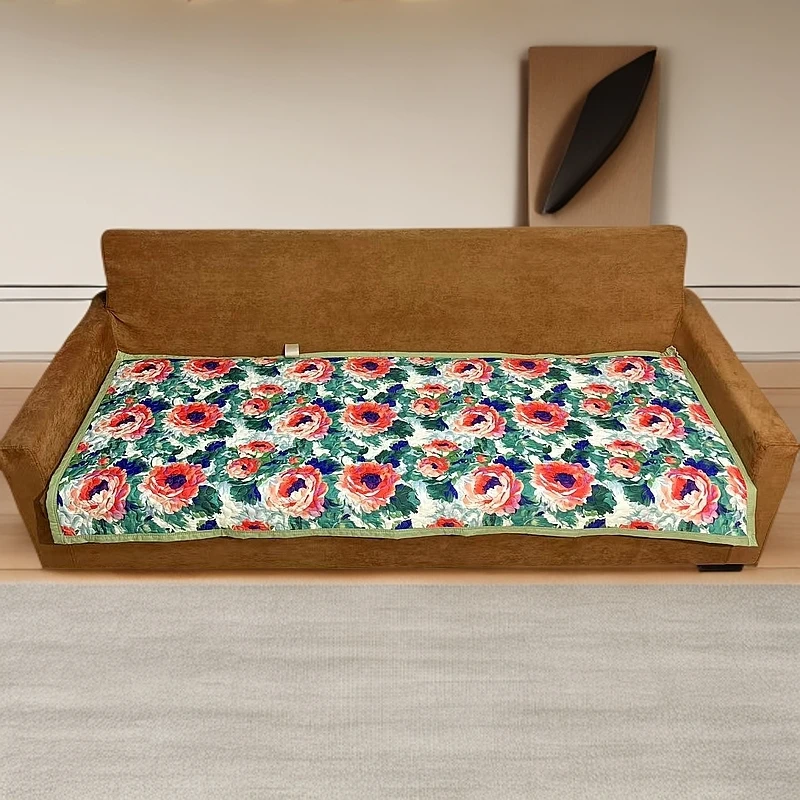 2025新款云锦棉沙发垫90*200cm夹棉衍缝沙发垫四季通用玫瑰锦韵