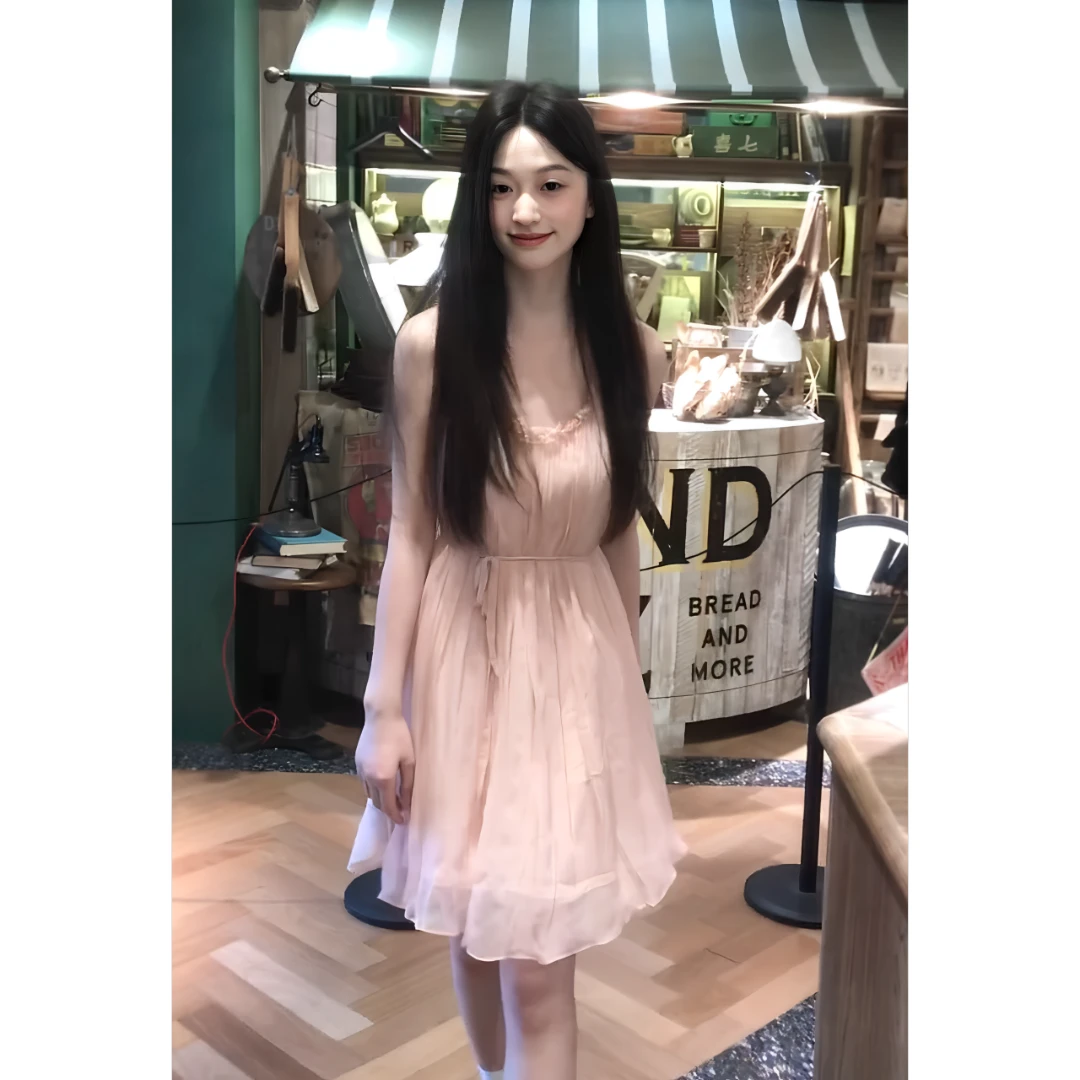 MARIE.COCO法式温柔风粉色吊带连衣裙女小个子海边度假仙女短裙子