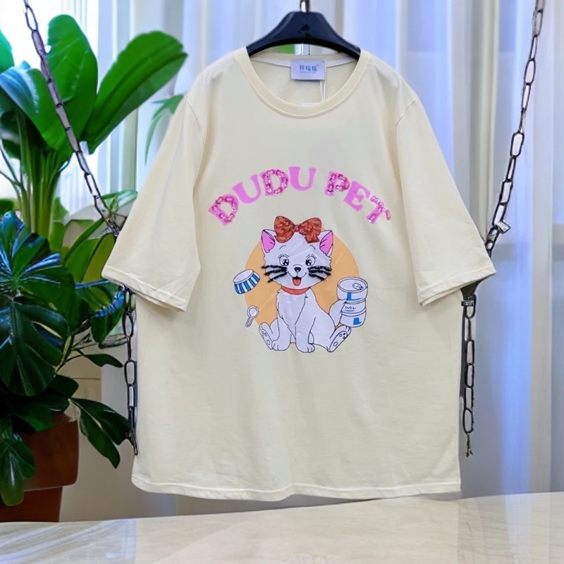 120-190斤 衣长75胸围125 胖瑶瑶钉珠猫咪T恤