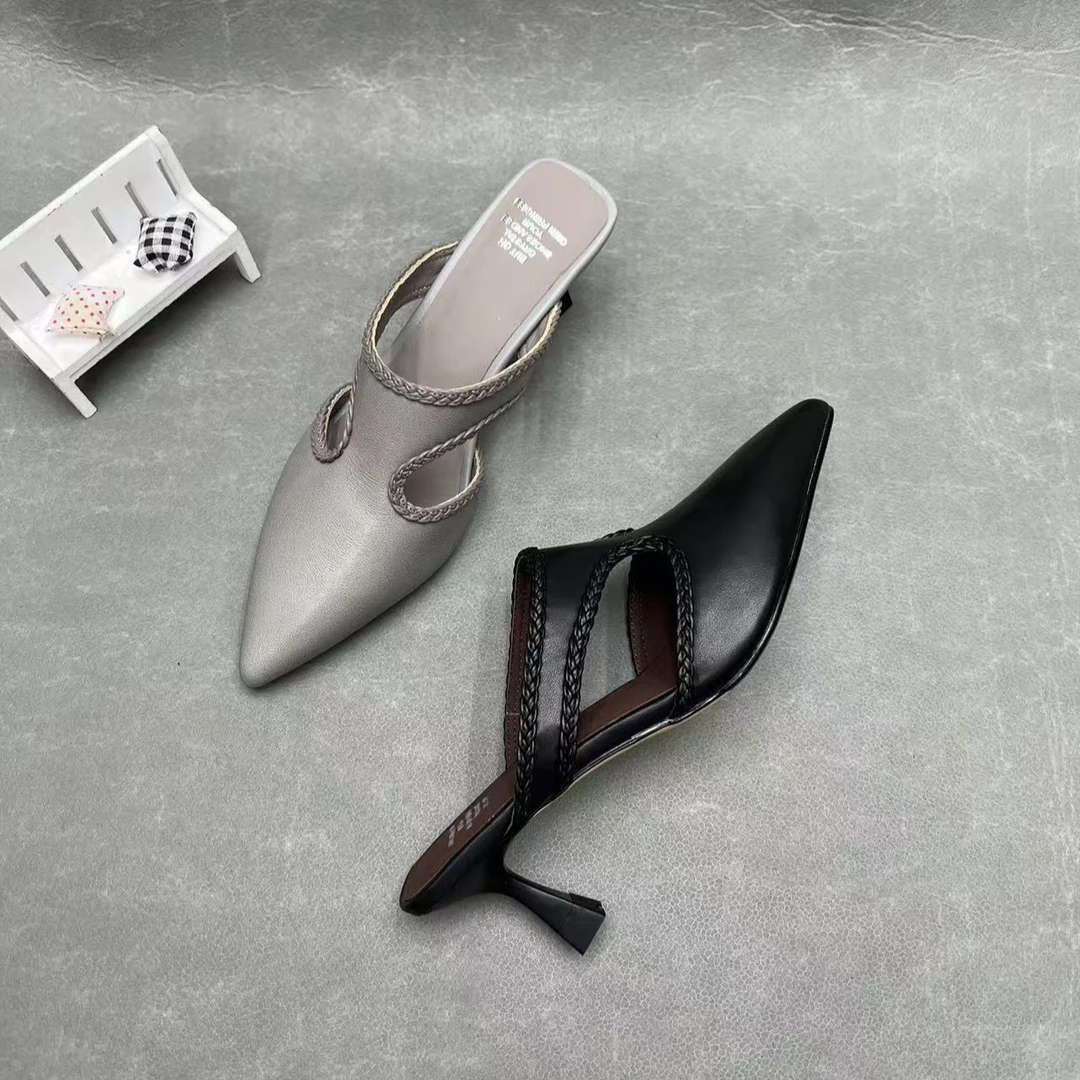 配裙子的半拖女鞋灰色黑色夏季气质洋气高跟外穿旅游包头拖鞋真皮