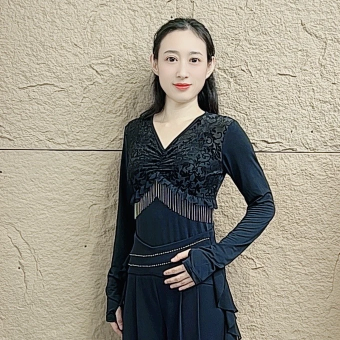 欢舞阁气质女士V领摩登吉特巴广场舞时尚植绒花拼接链条舞衣A0610