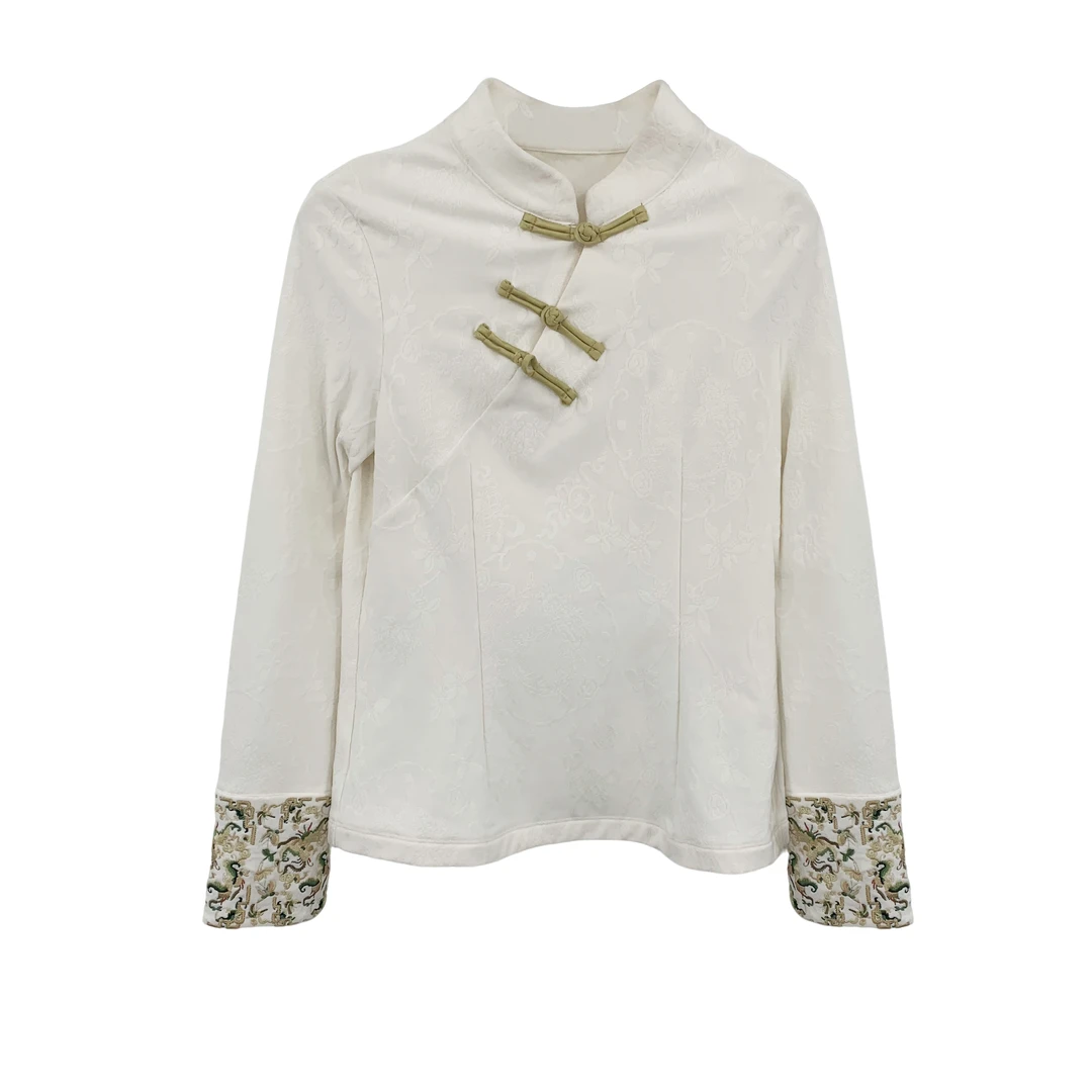 【梦蝶】新中式白色提花打底衫秋冬斜襟手工盘扣长袖上衣