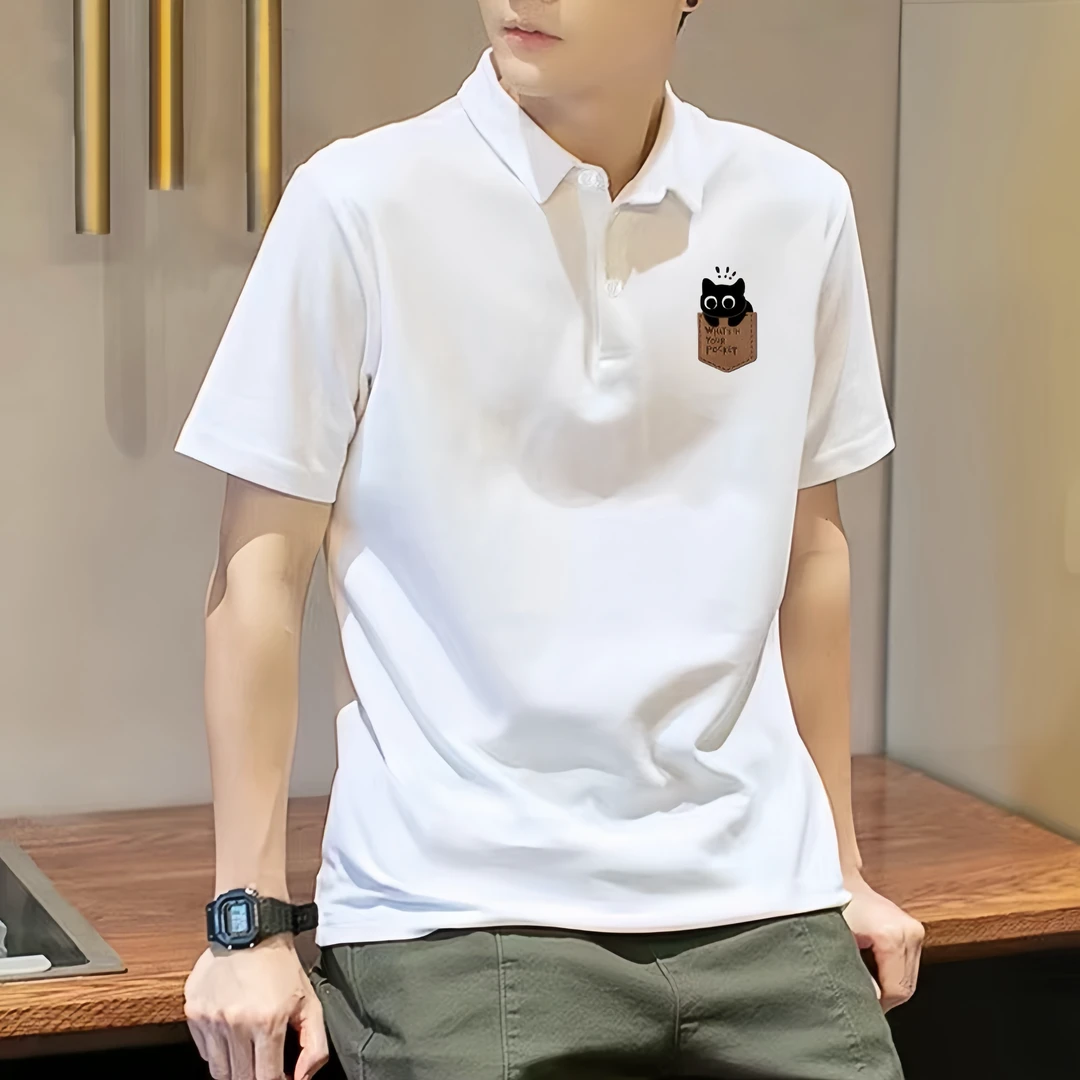 潮牌男士短袖polo衫夏季薄款青年猫咪印花T恤休闲设计感翻领体恤
