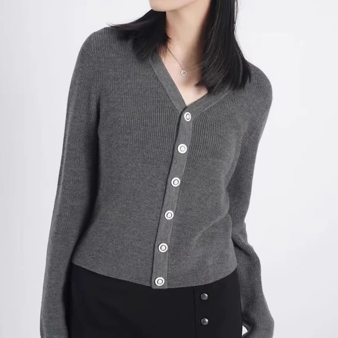 职业阿玛诗官v领针织开衫女2025春秋款休闲百搭显瘦长袖外搭衬衫