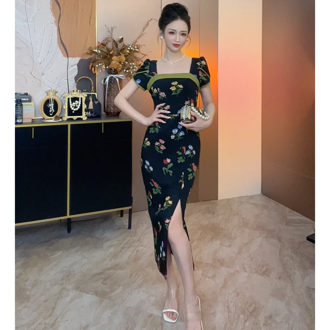 【温妮花园】夏季女装连衣裙气质显瘦复古碎花裙修身收腰开叉长裙