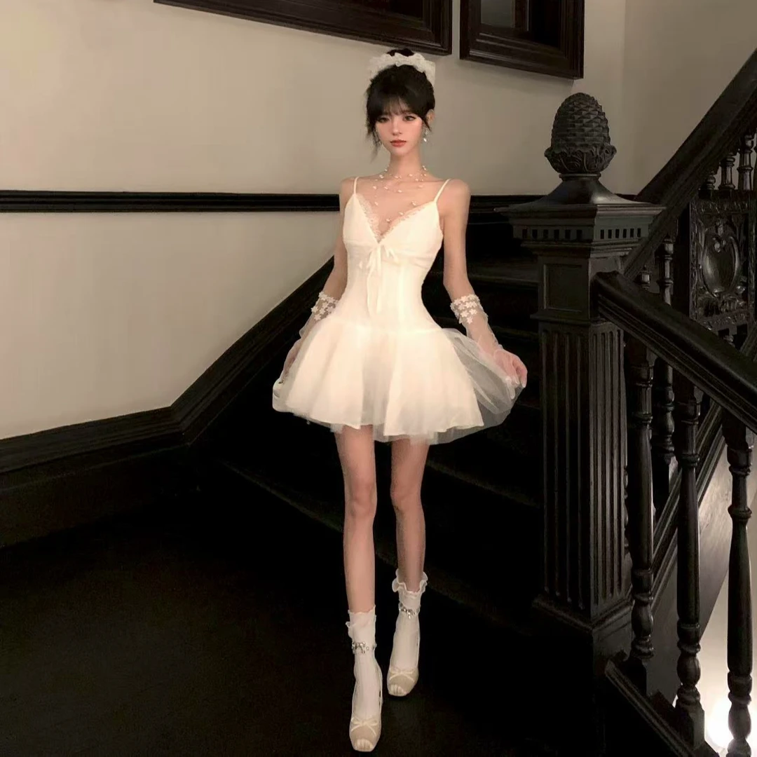 2025早秋新款纯欲性感蕾丝拼接纱网甜美公主辣妹风露锁骨连衣裙女