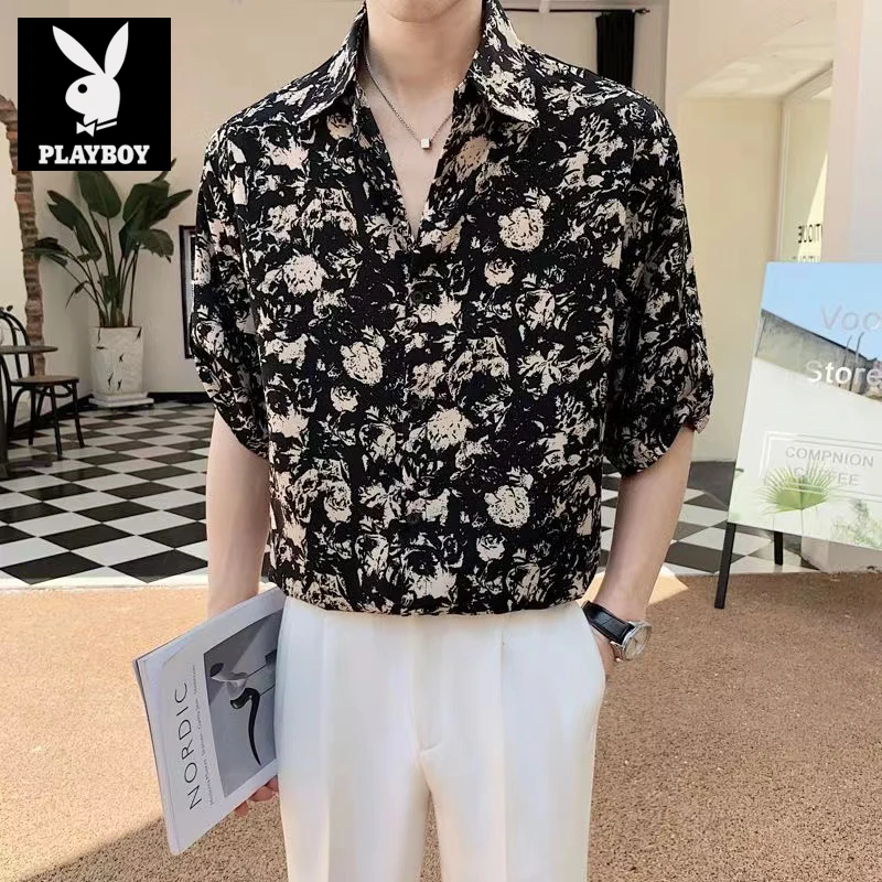 花花公子夏季男士碎花中袖衬衫潮流帅气薄款凉感痞帅休闲男装衬衫