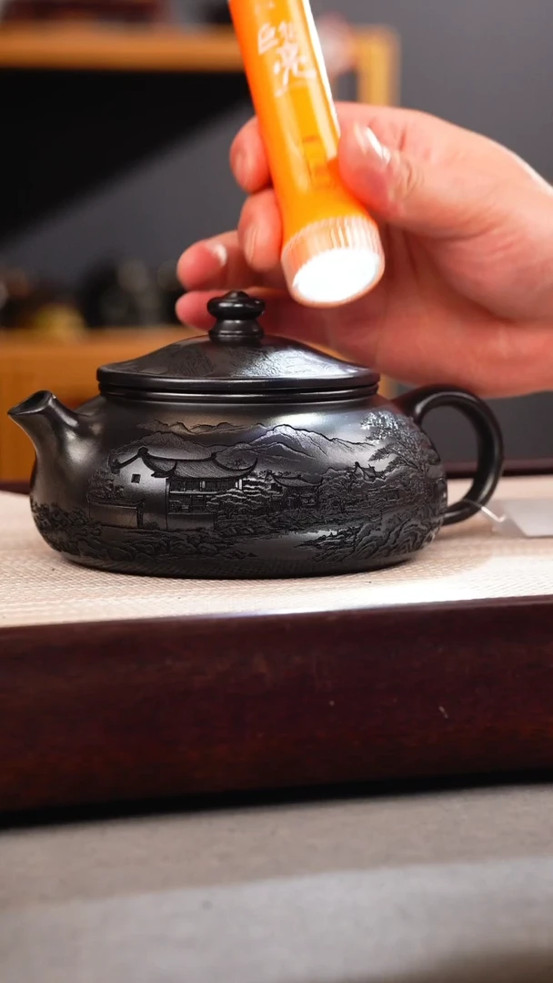 茶壶紫砂石黄 大寒江 刻绘