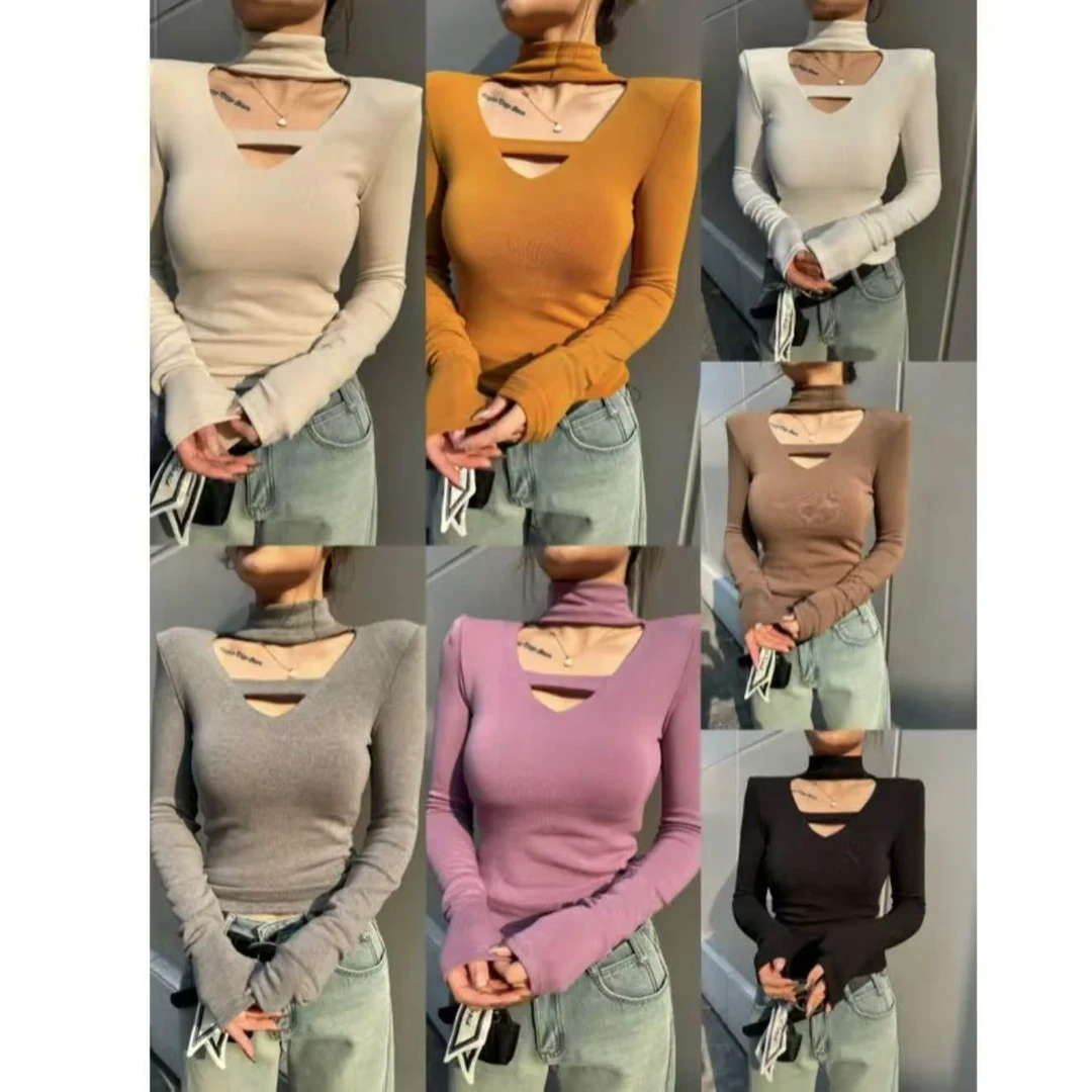 小心机挂脖V领镂空加绒加厚长袖T恤打底衫百搭气质显瘦上衣