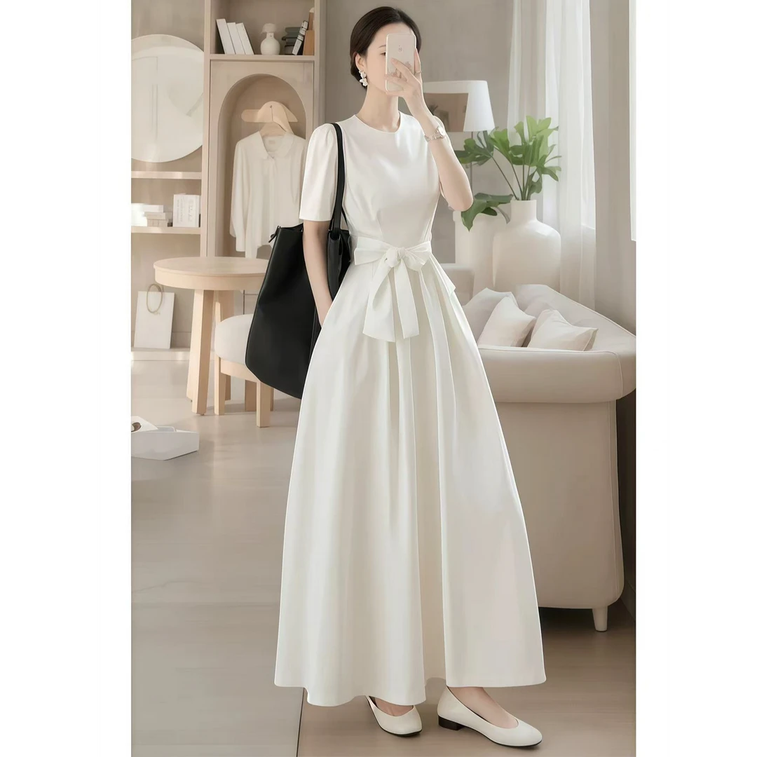 法式气质名媛轻奢高级感女神范长裙端庄大气白色绑带连衣裙春季女