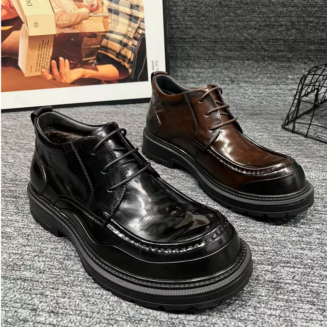 D2115【棉鞋】冬季新款男士真皮时尚轻奢系带加绒商务休闲男鞋