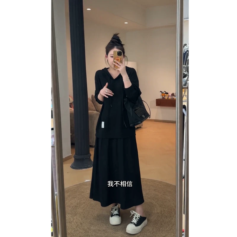 大码秋冬新款贴标宽松衣连帽卫衣长袖连衣裙松弛感假两件厚款长裙