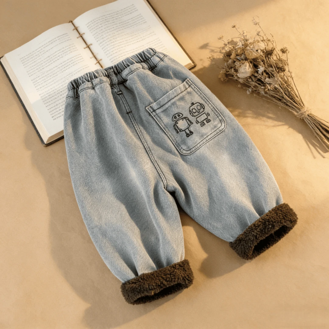 2025新款潮童复古水洗卡通图案加绒牛仔裤 男女宝宝保暖休闲长裤