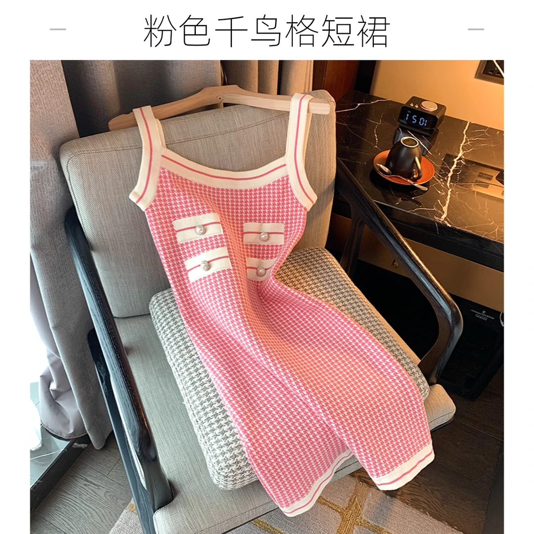 千语栀【小千金】韩版夏季新款粉色连衣裙千鸟格针织吊带无袖短裙