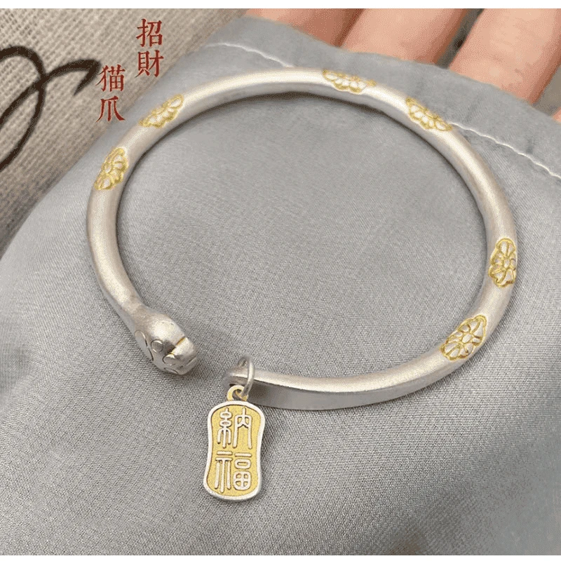 足银手镯 描金莲叶招财纳福哪吒敖丙古法描金纯银999手镯招财手环
