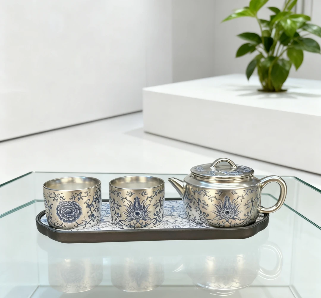 CYL青花汉瓦银壶一壶两杯套装家用功夫茶具
