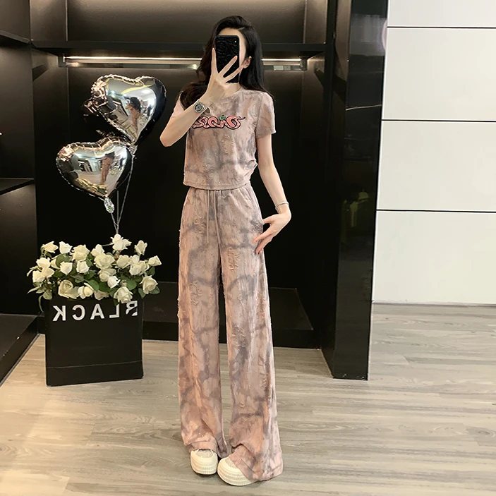 休闲运动套装女夏季薄款时尚洋气减龄高腰短袖阔腿裤两件套高级感