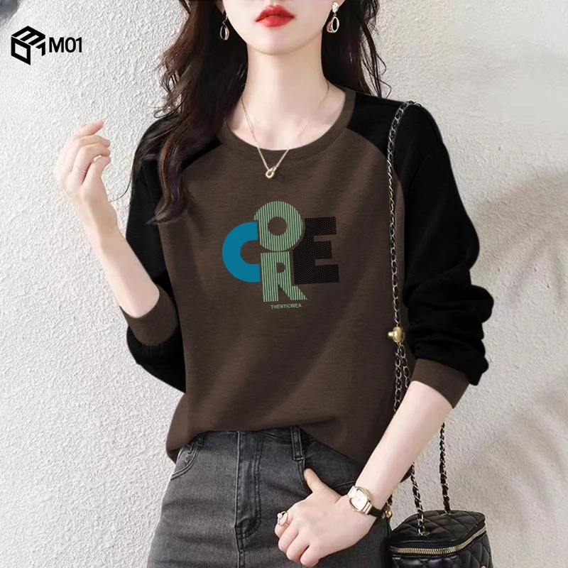 M01高档纯棉拼接圆领卫衣女2025新款秋季时尚韩版气质显瘦上衣潮