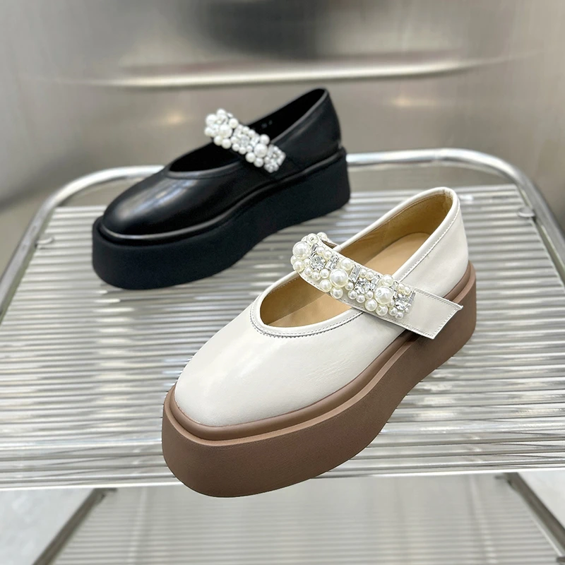 玛丽珍单鞋女春夏款浅口珍珠真皮厚底松糕百搭小皮鞋WY2301313-2