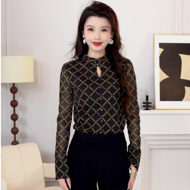 哥弟 夏季百搭气质时尚新中式洋气印花长袖弹力纱网衬衫女1301057