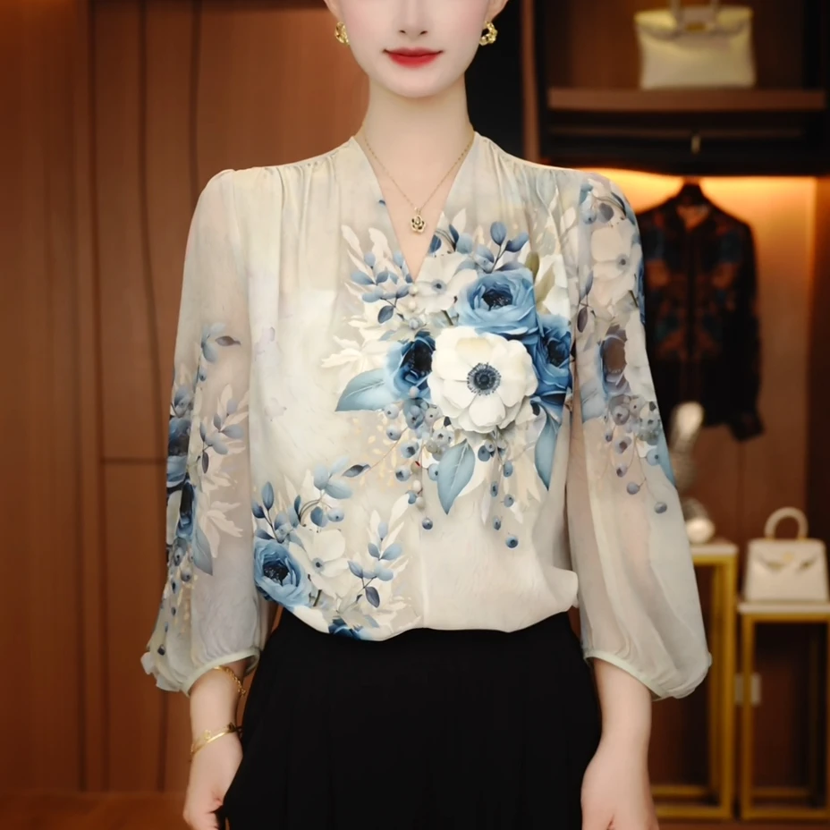 夏季新款琉璃双绉丝时尚显贵气印花显瘦减龄衬衫女上衣-W250205