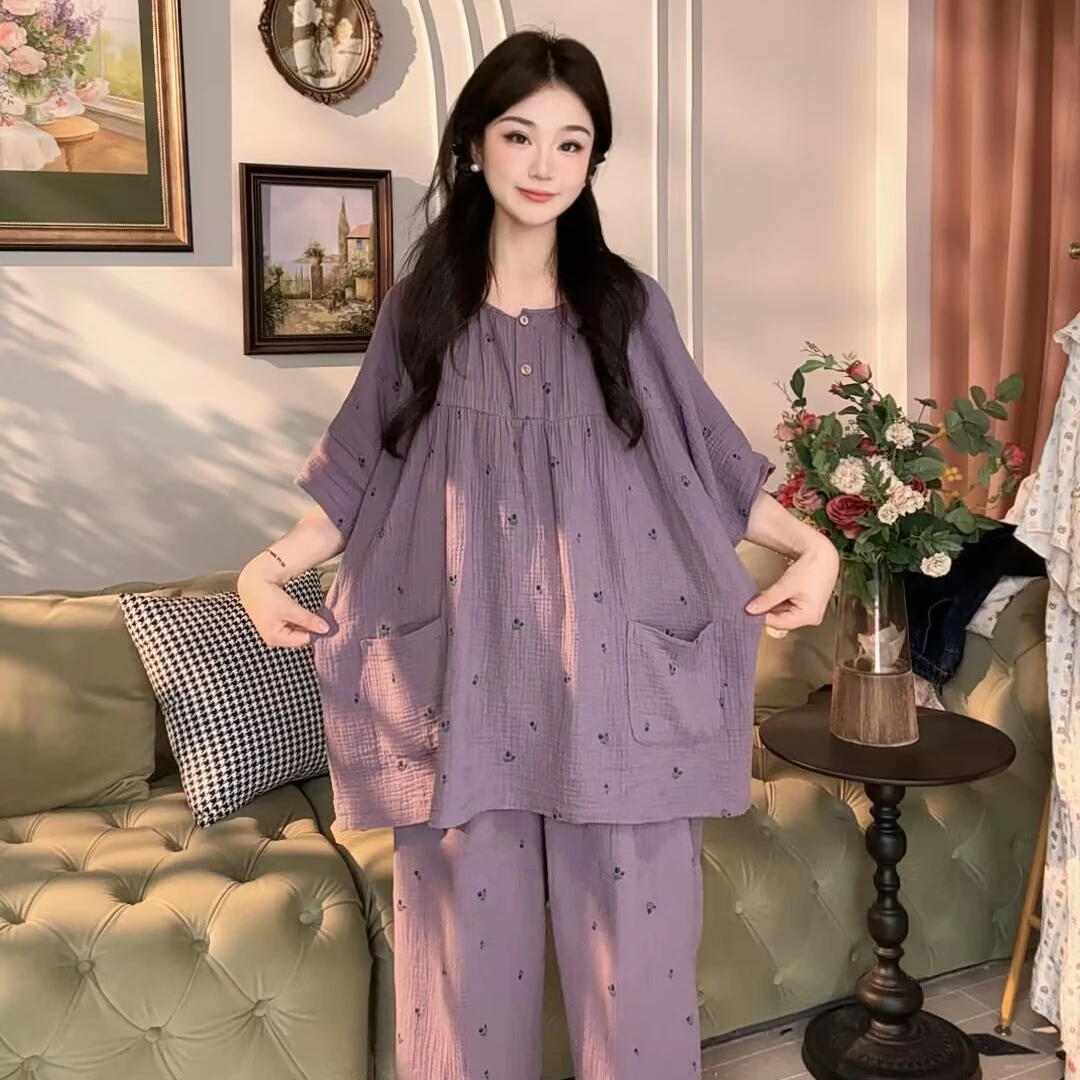 夏季大码卡通睡衣女短袖七分裤甜美印花家居服孕妈宽松纯棉圆领