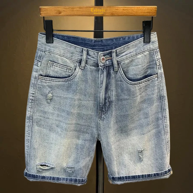 Cebrodz夏季新款男士破洞牛仔短裤男潮牌韩版百搭显瘦修身五分裤