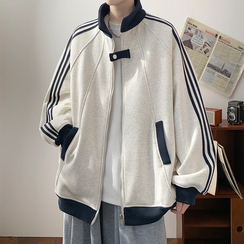美式学院风卫衣外套男女秋季撞色拼接潮流百搭青少年条纹夹克情侣