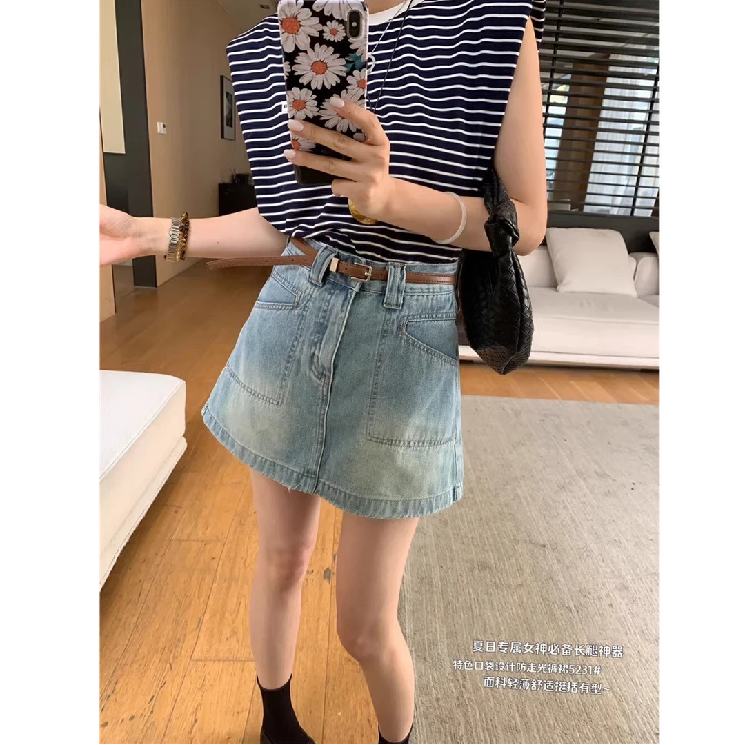 浅蓝色高腰半身牛仔短裙裤女夏季欧货宽松百搭休闲A字阔腿短裤裙