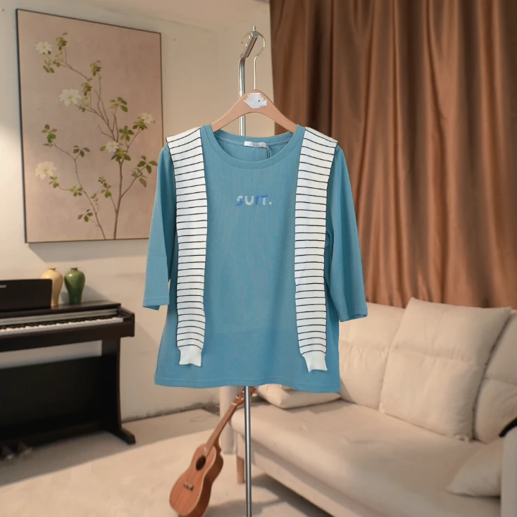 G486 早春款中袖圆领套头T恤条纹披肩两件套 3D02