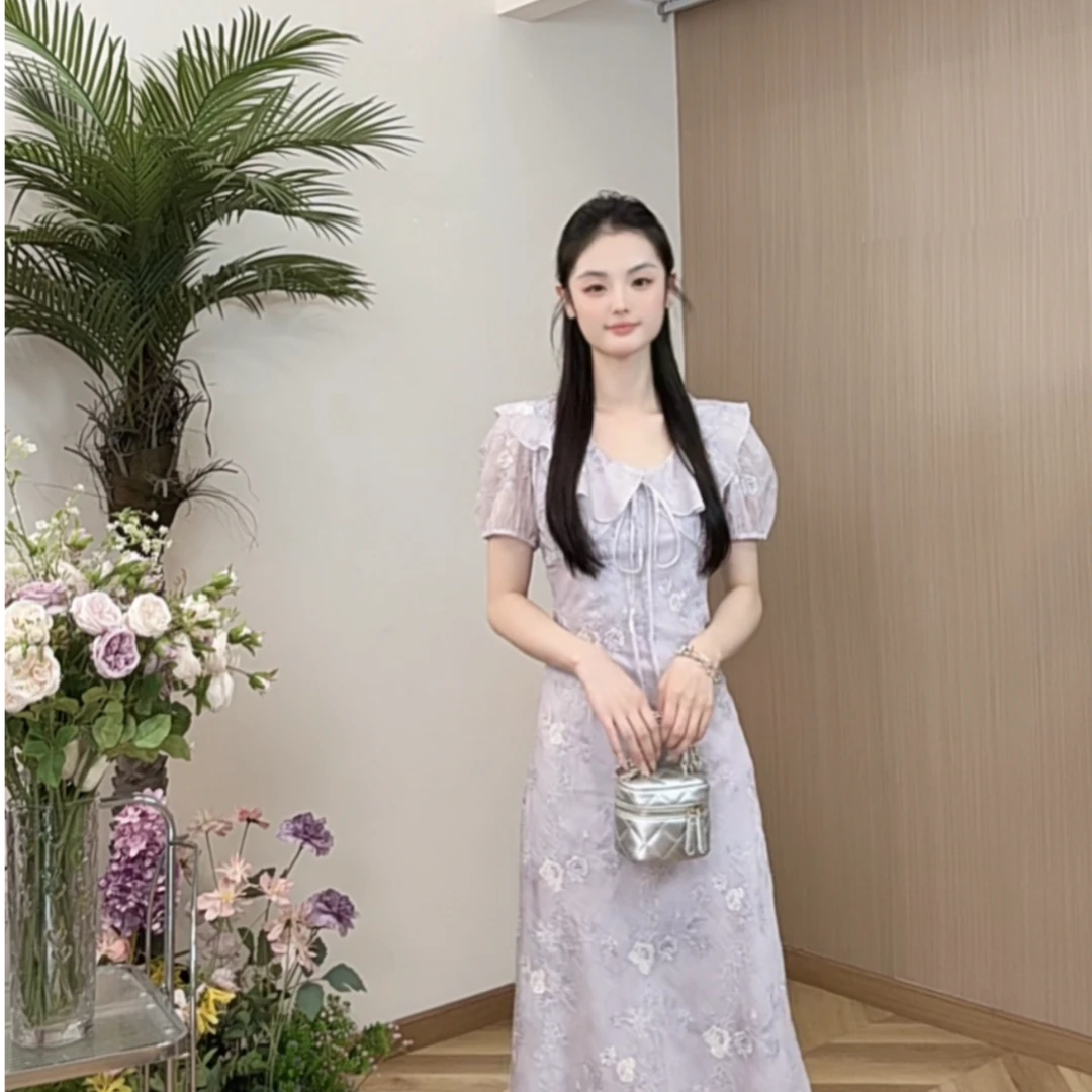 AN.XIN【迷雾花园】法式温柔风木耳边显瘦中长款短袖连衣裙8987