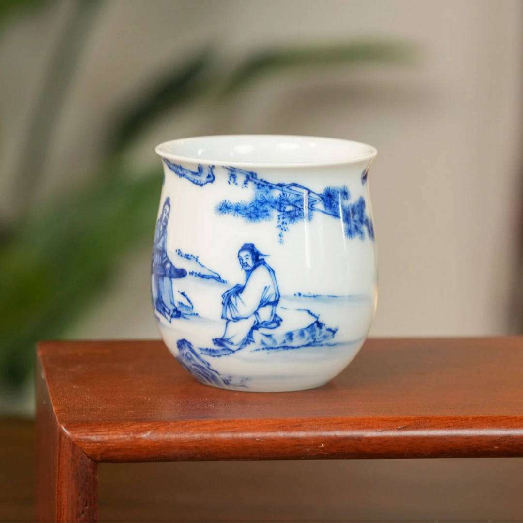 景德镇手工手绘青花人物松下抚琴品茗图主人杯