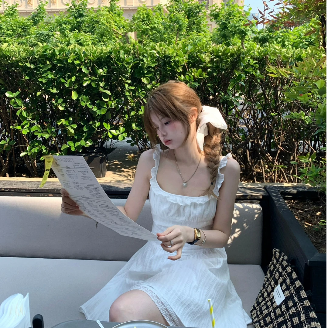 aaaaxbbb 哈瓦那旧日 两色全棉吊带气质连衣裙绑带蕾丝花边短裙