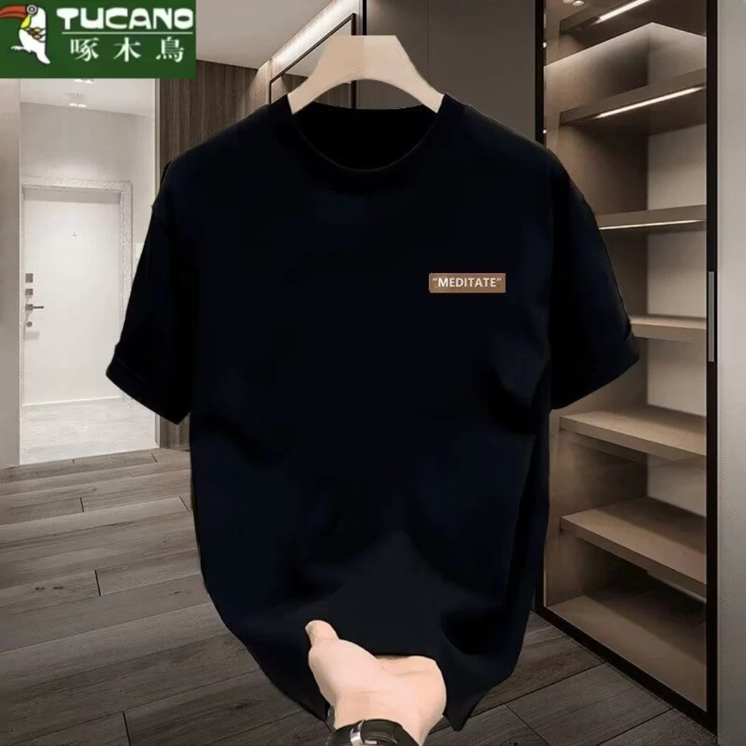 啄木鸟圆领男装潮流百搭时尚印花高端纯棉潮流男款重磅t恤休闲ins