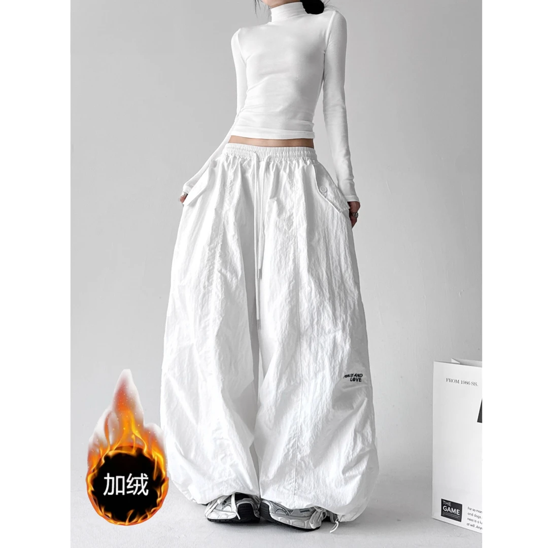 2025美式廓形松紧腰降落伞工装裤抽绳宽松皱褶口袋休闲裤冬加绒