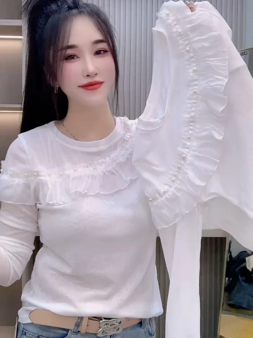 欧货蕾丝花边拼接钉珠长袖T恤女2025早秋新款洋气修身显瘦防晒衫