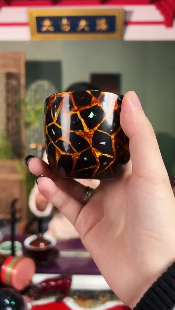 黑金网格水晶玻璃胎底主人杯-太古大漆