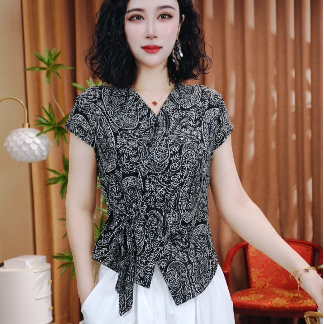 夏季新款休闲洋气短袖气质百搭V领显瘦开衫扣上衣小衫