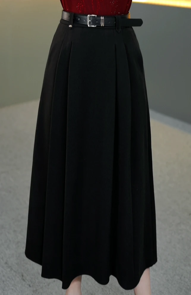 新款毛呢秋冬时尚百搭A字裙高腰高定毛呢面料气质显瘦半身裙36158