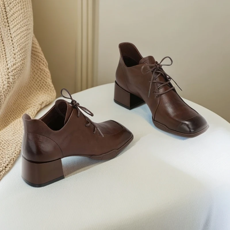 英伦风中粗跟系带单鞋真皮复古高跟鞋子女春秋百搭2025新款小皮鞋