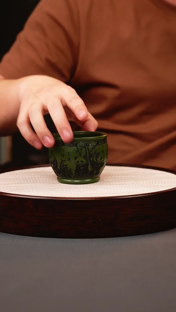 茶壶紫砂绿泥熊猫主人杯
