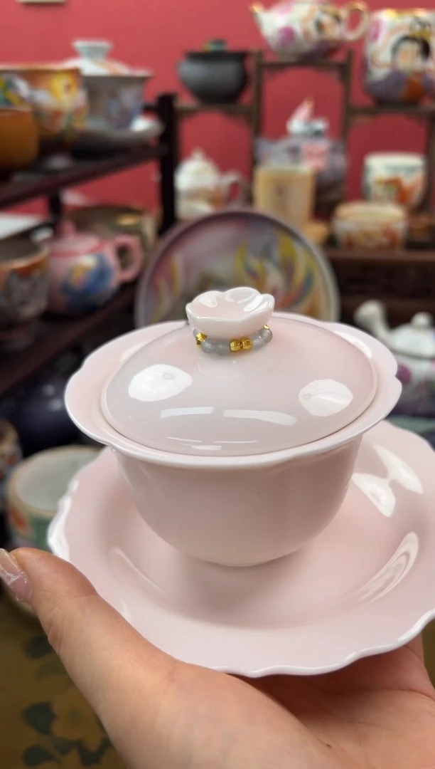 【闪购商品】东方水粉羊脂玉瓷三才盖碗