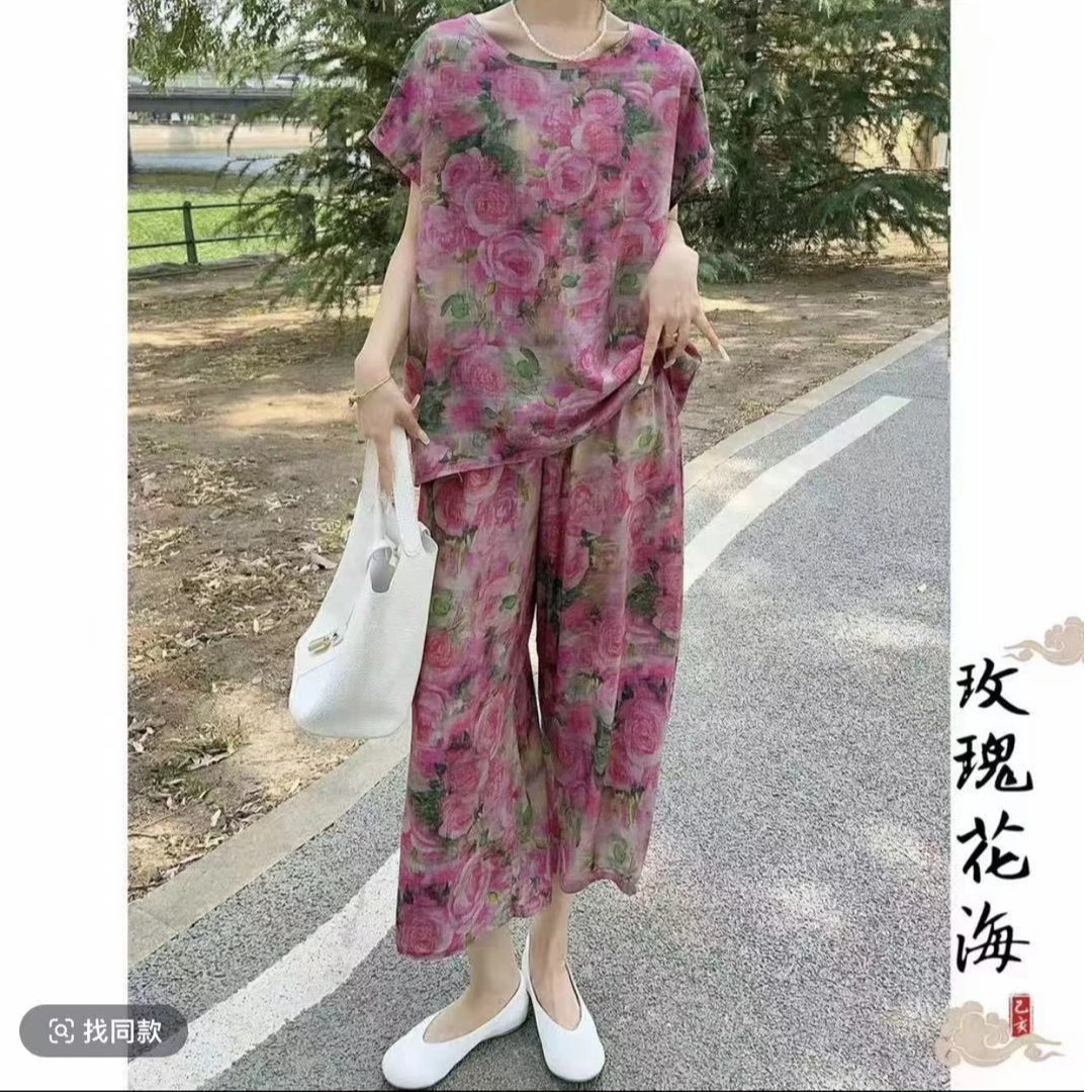 气质小飞袖七分裤绵绸套装6109