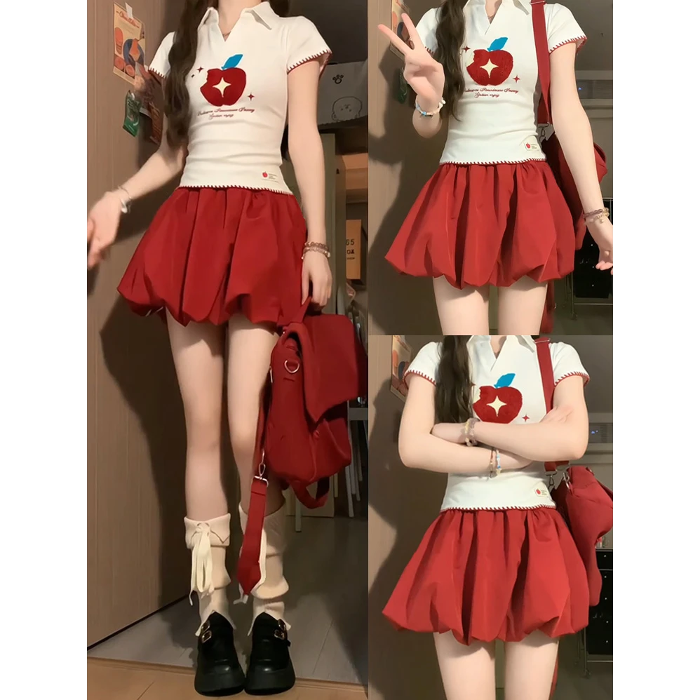 甜美风红色花苞短裙女高腰显瘦半身裙新款韩版夏季学生A字短裙子