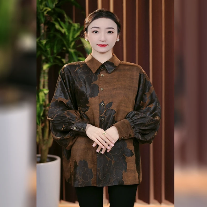 [金小妍服饰]重锻提花香云纱双面双穿黑牡丹衬衫JXY25S013